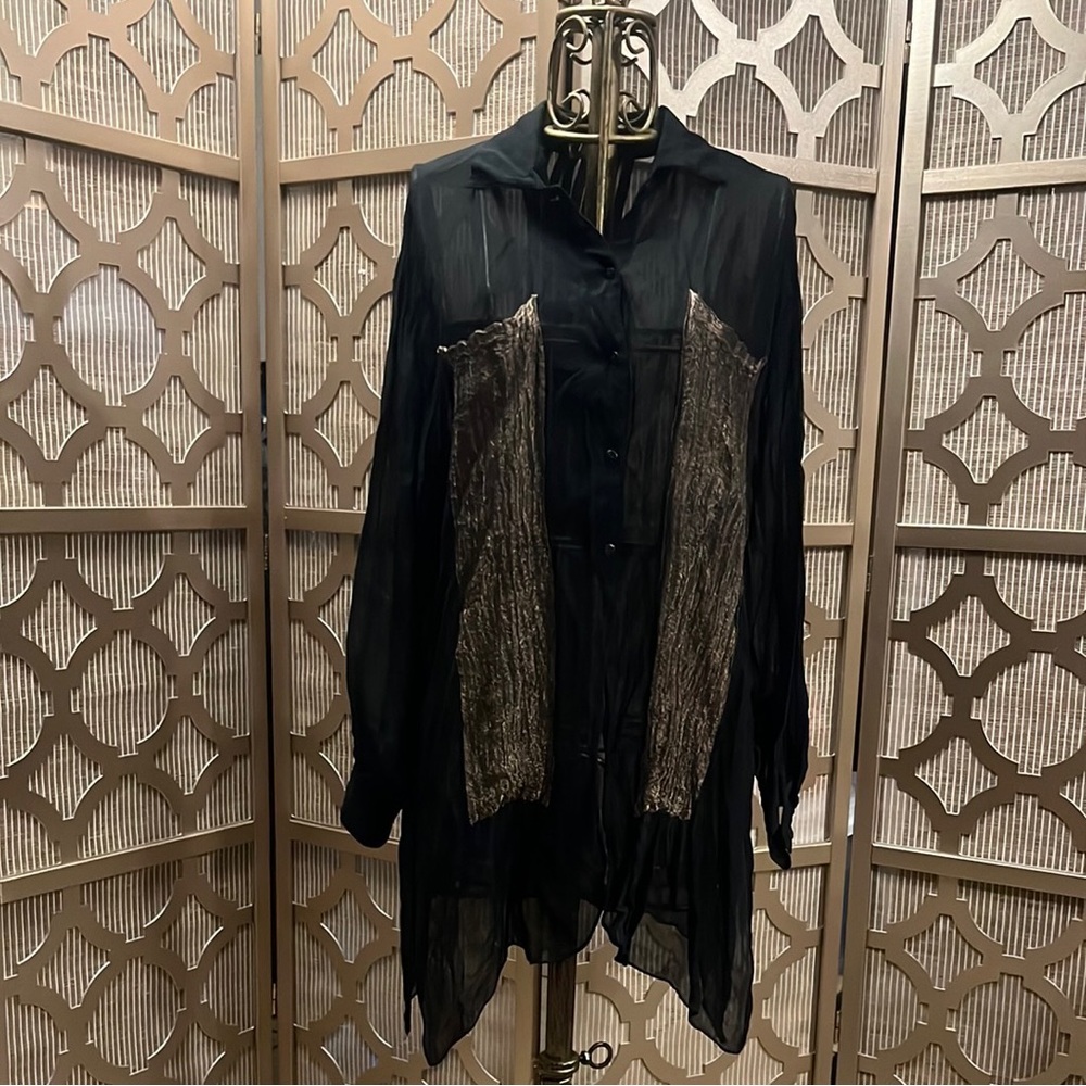 Black Sheet Button Up with Long Gold Pockets